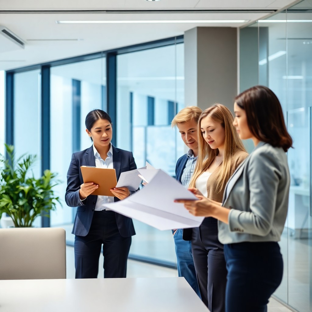 professional office setting with diverse team reviewing documents, modern recruitment concept, bright and clean