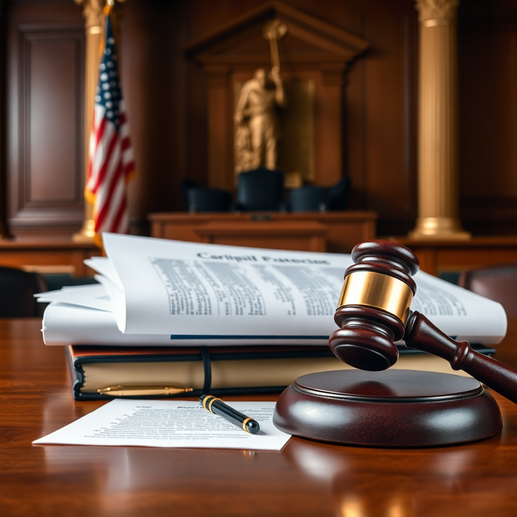 legal documents and gavel representing criminal background checks, courthouse setting, professional